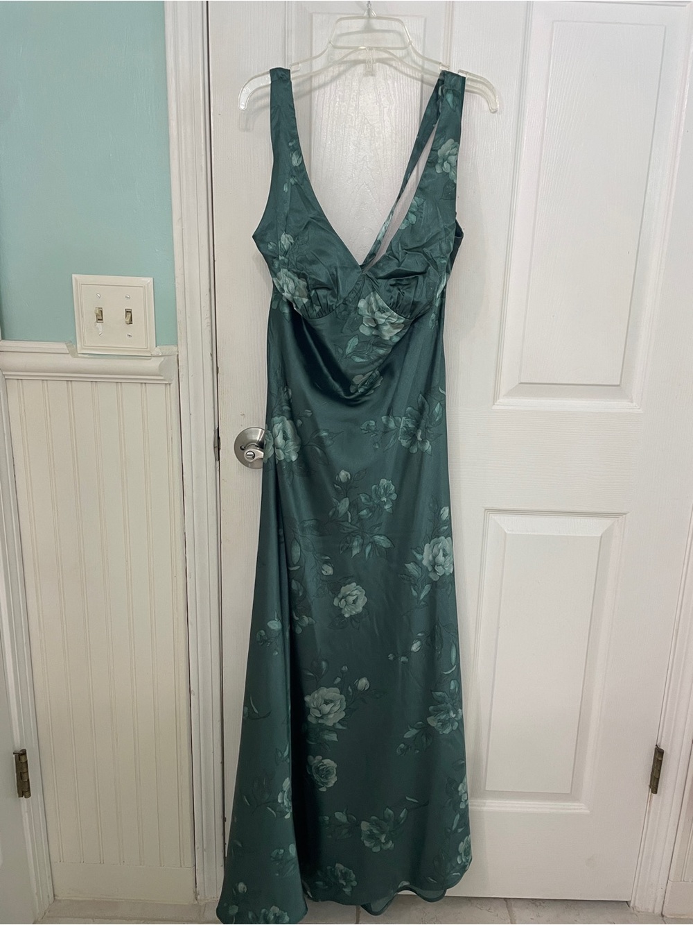 Elegant Teal Floral Satin Evening Gown with Cowl Neck